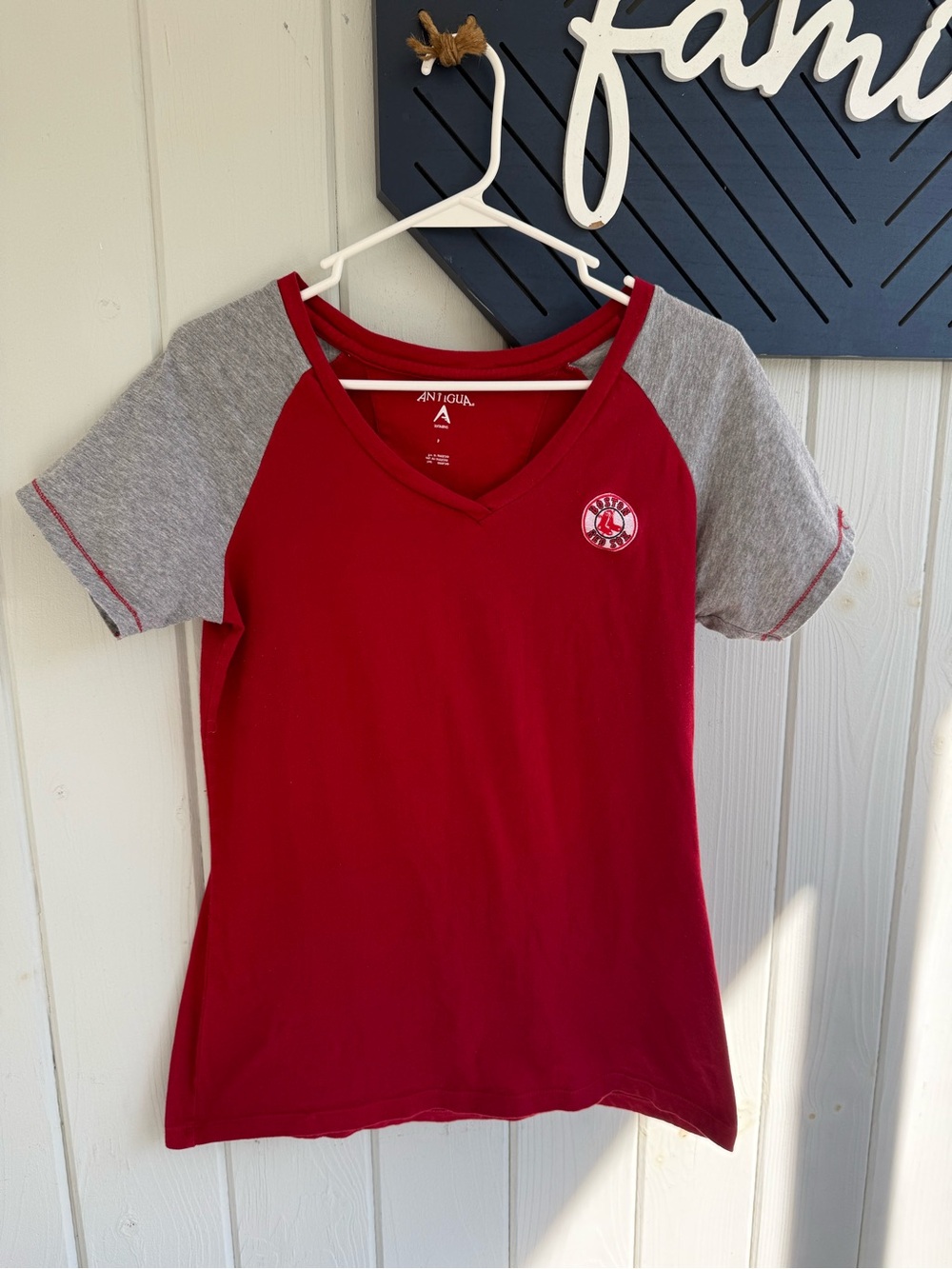 Antigua Red V-Neck Tee with Gray Raglan Sleeves